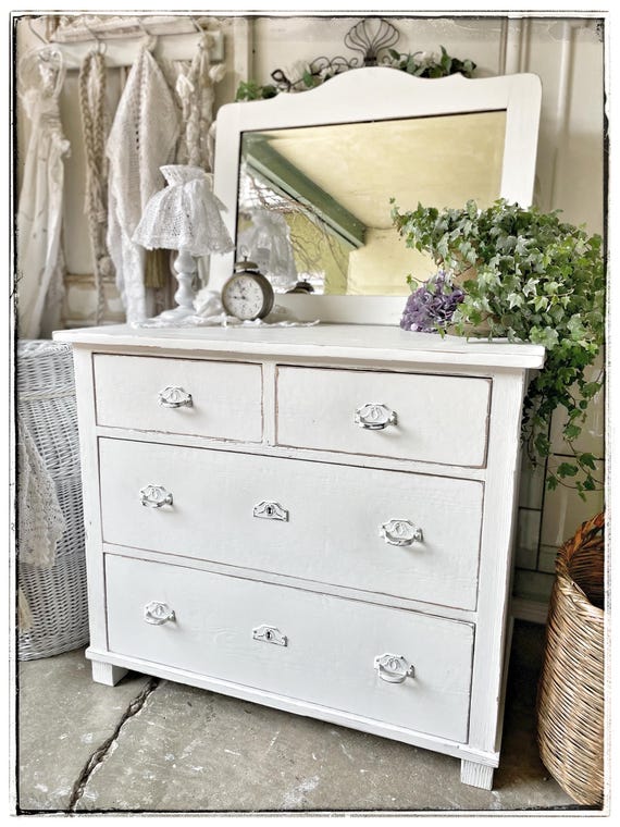 Shabby Chic Kommode Weiß mit Spiegel Set | Vintage Echtholz Anrichte Landhaus | Waschtisch Umbau Restauriert Unikat