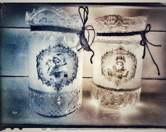 Windlicht, Shabby Look,Shabby Style, Windlichtglas, Engel,Weihnachten, Leinen, druck,licht