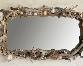 Espejo grande vintage de madera a la deriva, pieza única, 110 x 50 cm | Espejo náutico de madera a la deriva con conchas reales y objetos encontrados en la playa | Espejo de pared shabby chic reciclado