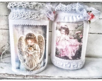 Windlicht, Shabby Look,Shabby Style, Windlichtglas, Engel,Weihnachten, Leinen, druck,licht