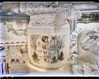 Lantern, shabby look, shabby style, lantern glass, angel, Christmas, linen, print, light