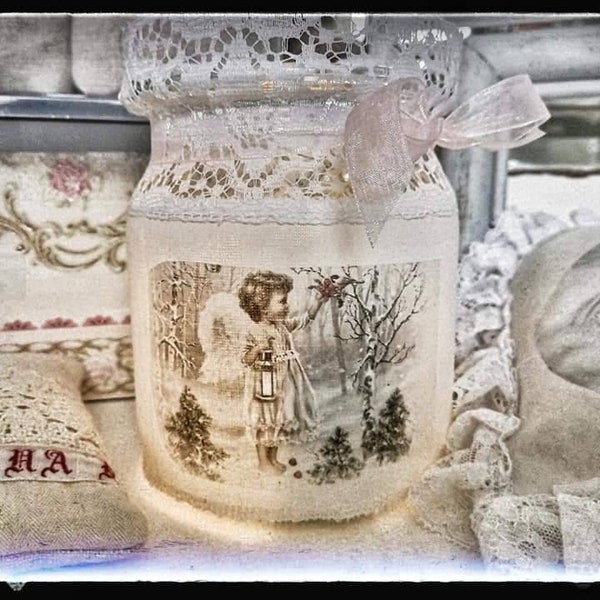 Windlicht, Shabby Look,Shabby Style, Windlichtglas, Engel,Weihnachten, Leinen, druck,licht