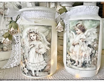 Farol, aspecto desgastado, estilo desgastado, cristal de farolero, ángel, Navidad, lino, estampado, luz