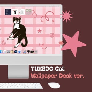Tuxedo Cat Wallpaper | Pink Pastel Minimalist Desktop Background (Digital Download)