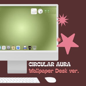 May include: A computer monitor displaying a green gradient wallpaper with a dock of icons, a calendar, and a clock widget. The screen shows the text CIRCULAR AURA Wallpaper Desk ver. A white keyboard and mouse are positioned below the monitor.