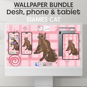 May include: A digital wallpaper bundle for desktop, phone, and tablet featuring a Siamese cat illustration. The design includes a pink background with white stripes and swirls. Text reads: @digitaleejandra WALLPAPER BUNDLE Desk, phone & tablet SIAMES CAT.