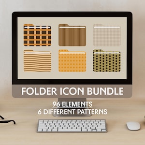 May include: A computer monitor displaying a folder icon bundle with 96 elements and 6 different patterns. The screen shows six folders featuring brown and tan designs including plaid, stripes, gingham, wavy lines, polka dots, and small circles.
