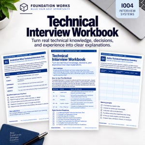 May include: A Technical Interview Workbook by Foundation Works featuring blue and white pages with text, tables, and checklists. The workbook includes sections on understanding technical interviews, building an experience inventory, and memory prompts.