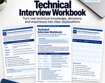Technical Interview Prep Workbook | Explain Projects, Decisions, Problem Solving (Digital Download)