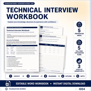 May include: A Technical Interview Workbook featuring dark blue text on white pages. The document includes an eight-section roadmap, explanation plans, and preparation areas. It highlights five preparation areas, five full-page explanation plans, and three levels of answer depth. The bottom banner indicates it is an editable Word workbook and an instant digital download.