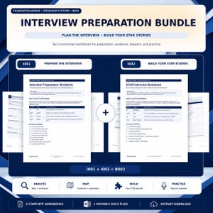Peut inclure: Un ensemble de préparation aux entretiens comprenant deux cahiers coordonnés intitulés Interview Preparation Workbook et STAR Interview Workbook. Le document inclut des sections pour la planification, les histoires, les preuves et la pratique.