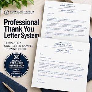 Op de afbeelding: Een professioneel bedankbriefsysteem met een sjabloon en een ingevuld voorbeelddocument. De tekst bevat de branding van Foundation Works, contactgegevens van Jordan Mitchell en gestructureerde secties voor de correspondentie.
