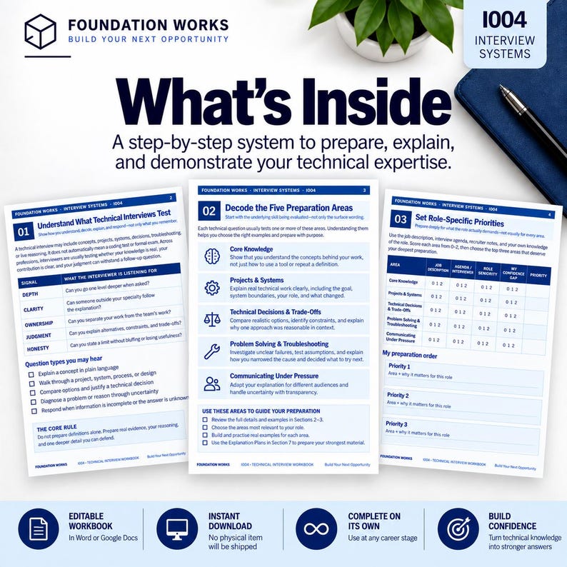 以下が含まれることがあります： Foundation Works 1004 Interview Systemsと題された面接準備ワークブック。青いテキストとアイコンが配置された3枚の白いページで構成されており、技術面接の戦略、準備エリア、優先順位チェックリストが記載されています。
