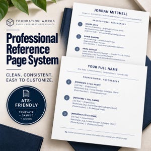 May include: A professional reference page system template featuring two white documents with dark blue text. The top document shows a sample for Jordan Mitchell, while the bottom document provides a customisable layout for contact information and references.