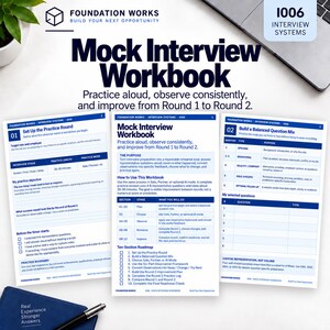 Puede incluir: Un cuaderno de trabajo para entrevistas simuladas de Foundation Works con tres páginas blancas con texto y encabezados azules. Las páginas incluyen secciones para configurar rondas de práctica, una hoja de ruta y una tabla de mezcla de preguntas.