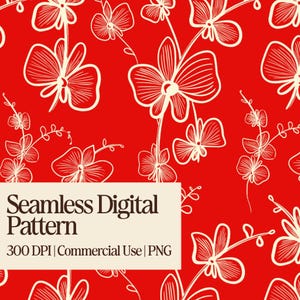 Pode incluir: Um padrão digital sem costuras com flores de orquídea desenhadas em linhas brancas sobre um fundo vermelho vibrante. Uma sobreposição retangular contém o texto: Seamless Digital Pattern, 300 DPI | Commercial Use | PNG. O design repete motivos florais.