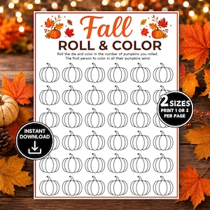 Peut inclure: Une feuille de jeu imprimable Fall Roll & Color avec le titre en orange et marron, des instructions et une grille de trente-six contours de citrouilles en noir et blanc. Deux badges noirs indiquent téléchargement immédiat et deux tailles.