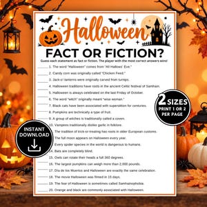 May include: A white Halloween Fact or Fiction game sheet featuring orange text, a pumpkin, bats, and a haunted house illustration. The document lists twenty numbered trivia statements to guess, with two circular badges indicating instant download and 2 sizes.