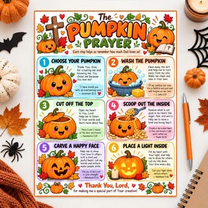 Puede incluir: Un póster rectangular titulado The Pumpkin Prayer que presenta seis pasos numerados con ilustraciones de calabazas de dibujos animados y texto explicativo. El diseño incluye hojas de otoño coloridas, una cruz y versículos religiosos sobre un fondo blanco.