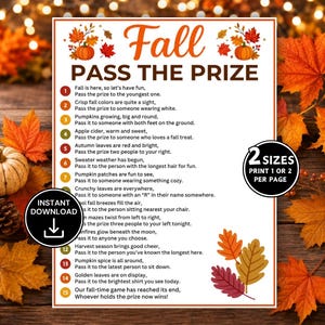 May include: A white rectangular game card titled Fall Pass The Prize with orange and brown text. It features fifteen numbered rhyming instructions for a party game, decorated with illustrations of pumpkins and autumn leaves in red, orange, and yellow.