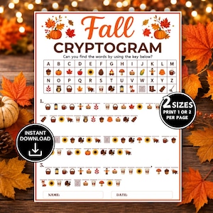 May include: A printable Fall Cryptogram activity sheet featuring a letter-to-icon substitution key, three numbered word puzzles, and blank fields for name and date. The document includes text headers, autumn-themed icons, and two circular badges.