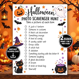 May include: A white Halloween photo scavenger hunt checklist featuring illustrations of a pumpkin, ghost, witch hat, black cat, and cauldron. The text lists items to photograph, including a jack-o'-lantern, costume, spider web, and trick-or-treat bag.