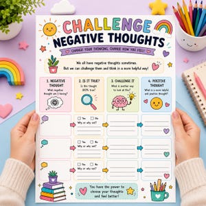 Challenging Negative Thoughts Work sheet ,for Anxiety Relief ,Negative Thought and Negative Beliefs, For kids and Teens