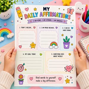 My Daily Affirmations Worksheet, Positive Affirmations for Kids, Self Esteem Activity, SEL Printable, Growth Mindset, Therapy Worksheet