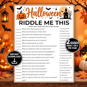 May include: A Halloween Riddle Me This game sheet featuring orange text, a pumpkin, and a haunted house illustration. The page lists seventeen riddles with corresponding answers labeled A through R, alongside two circular black badges indicating instant download and two print sizes.