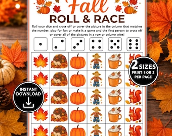 May include: A printable Fall Roll & Race game sheet featuring a grid with dice icons and autumn-themed illustrations including maple leaves, hedgehogs, pumpkins, scarecrows, mugs of cocoa, and squirrels, with text instructions and download labels.