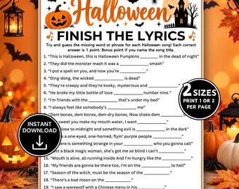 Può includere: Un foglio di gioco di Halloween bianco intitolato FINISH THE LYRICS con testo arancione, un'illustrazione di zucca e la sagoma di una casa stregata. Il foglio elenca 20 domande da completare con testi di canzoni, con due badge neri circolari che riportano INSTANT DOWNLOAD e 2 SIZES PRINT 1 OR 2 PER PAGE.