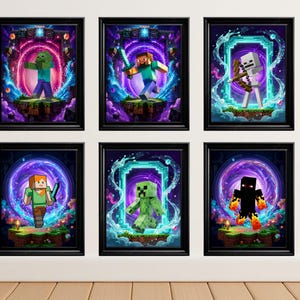 Puede incluir: Un conjunto de seis láminas de arte mural enmarcadas con personajes de Minecraft, incluyendo un zombi, Steve, un esqueleto, Alex, un creeper y una entidad de fuego. Cada lámina muestra un personaje frente a un portal brillante.