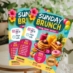 Puede incluir: Un folleto de brunch dominical con colores tropicales brillantes, flores de hibisco rosas y amarillas, y globos. El texto dice Sunday Brunch, 29 de junio de 2025, 10:00 a 14:00, Tasty Menu, Special Deals y detalles de ubicación.