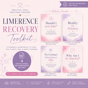 Puede incluir: Un kit de recuperación de la limerencia con cuatro hojas de trabajo PDF descargables con acentos de acuarela en rosa y morado. Los documentos incluyen un árbol de decisiones Should I text him?, Reality vs. Fantasy, No Contact Emergency Plan y Why Am I So Attached? con texto e iconos de corazón.