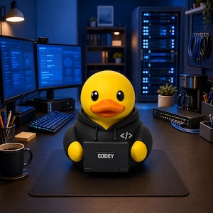 May include: A yellow rubber duck figurine wearing a black hoodie with a white code symbol on the chest. The duck is holding a small black laptop with the text CODEY printed on the lid, positioned on a dark desk surface in a workspace.