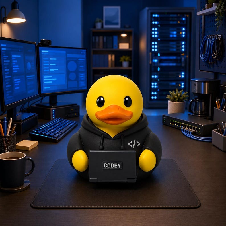 May include: A yellow rubber duck figurine wearing a black hoodie with a white code symbol on the chest. The duck is holding a small black laptop with the text CODEY printed on the lid, positioned on a dark desk surface in a workspace.
