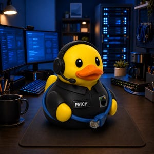 May include: A yellow rubber duck wearing a black headset and a black shirt with the word PATCH printed on a name tag. The duck has a blue ethernet cable wrapped around its body and an ethernet port graphic on the chest of the shirt.