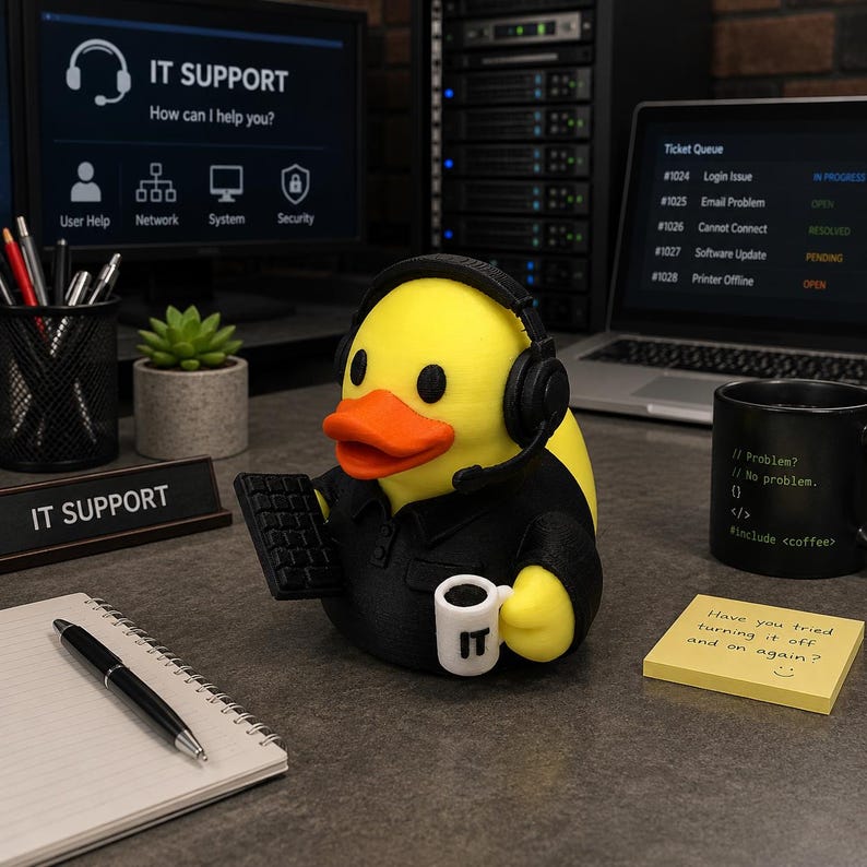 Peut inclure: Une figurine de canard en caoutchouc jaune v&ecirc;tue d'une chemise noire &agrave; col, portant un casque noir avec un microphone. Le canard tient un petit clavier noir dans une aile et une tasse blanche avec le texte IT dans l'autre, dans un bureau.