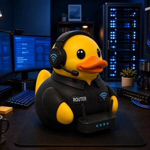 May include: A yellow rubber duck wearing black headphones with a blue Wi-Fi symbol and a black shirt with the word ROUTER printed on a name tag. The duck holds a small black network router with two antennas and four blue indicator lights.