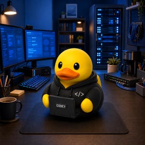 May include: A yellow rubber duck wearing a black hoodie with a white code symbol on the chest. The duck is holding a small black laptop with the text CODEY printed on the lid. The figure is positioned on a dark desk in a workspace environment.