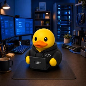 May include: A yellow rubber duck figurine wearing a black hoodie with a white code symbol on the chest. The duck is holding a small black laptop with the text CODEY printed on the lid, positioned on a dark desk in a workspace environment.