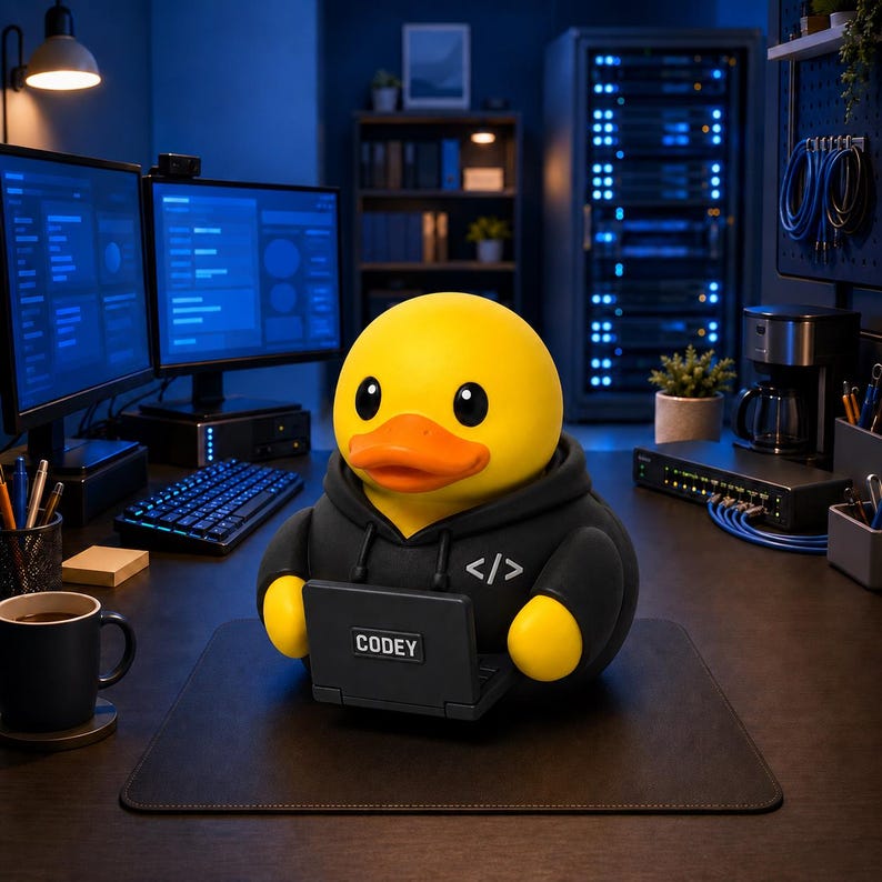 May include: A yellow rubber duck figurine wearing a black hoodie with a white code symbol on the chest. The duck is holding a small black laptop with the text CODEY printed on the lid, positioned on a dark desk in a workspace environment.