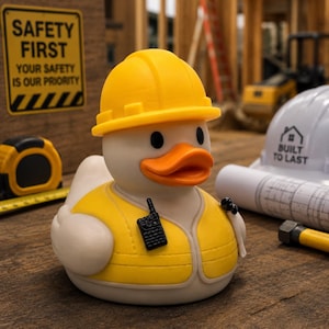 Peut inclure: Un canard en caoutchouc blanc portant un casque de chantier jaune et un gilet de sécurité jaune. Le canard présente un bec orange, un talkie-walkie noir attaché au gilet et un petit accessoire outil noir. Le canard est placé dans un décor de chantier.