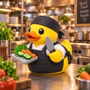 Peut inclure: Un canard en caoutchouc jaune déguisé en chef, portant un bandana noir et un tablier noir sur une chemise blanche. Le canard tient un couteau jouet gris dans une aile et une petite planche à découper grise avec des concombres et des carottes.