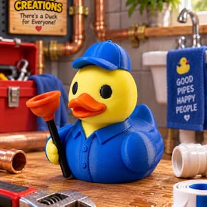 May include: A yellow rubber duck dressed as a plumber in a blue uniform and cap, holding a small orange plunger. The duck is positioned on a wooden surface with a metal wrench, a roll of white tape, and a white pipe fitting nearby.