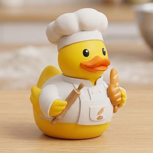 Peut inclure: Un canard en caoutchouc jaune déguisé en boulanger, portant une toque de chef blanche et un tablier blanc sur le corps. Le canard tient un rouleau à pâtisserie en bois marron dans une aile et un petit pain marron dans l'autre. Le tablier porte un épi.