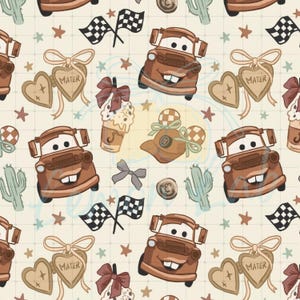 Vintage Mater Seamless Pattern | Disney Cars Western Tow Truck Repeating File, Neutral Nursery Sublimation Digital Fabric Design PNG