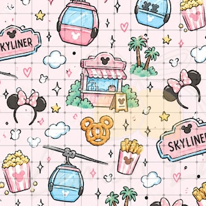 Magical Theme Park Seamless Pattern PNG JPG, Retro Skyliner Gondola Fabric Design, Vacation Parks Digital Paper, Sublimation Repeat File