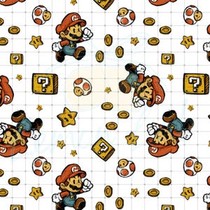 May include: A repeating pattern on a white background featuring cartoon characters in red hats and blue overalls, yellow stars, gold coins, brown and white spotted mushrooms, and yellow question mark blocks arranged in a grid-like layout.