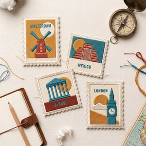 Global Travel Stamp Patches, Amsterdam Mexico Athens London Iron On Patch, Wanderlust Tourist Souvenir Gift, DIY Bag Sew On Hook Loop